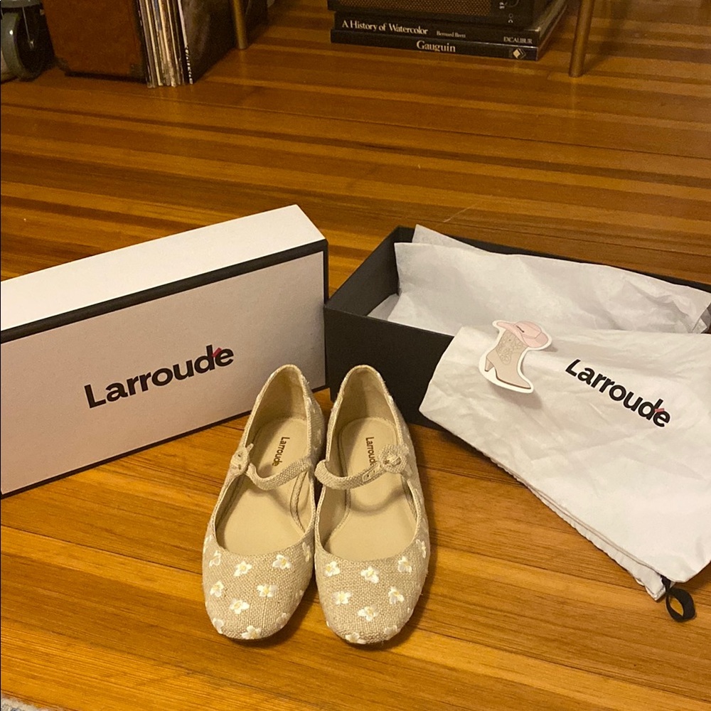 Larroude Daisy and Creme Linen “Blair” Flats